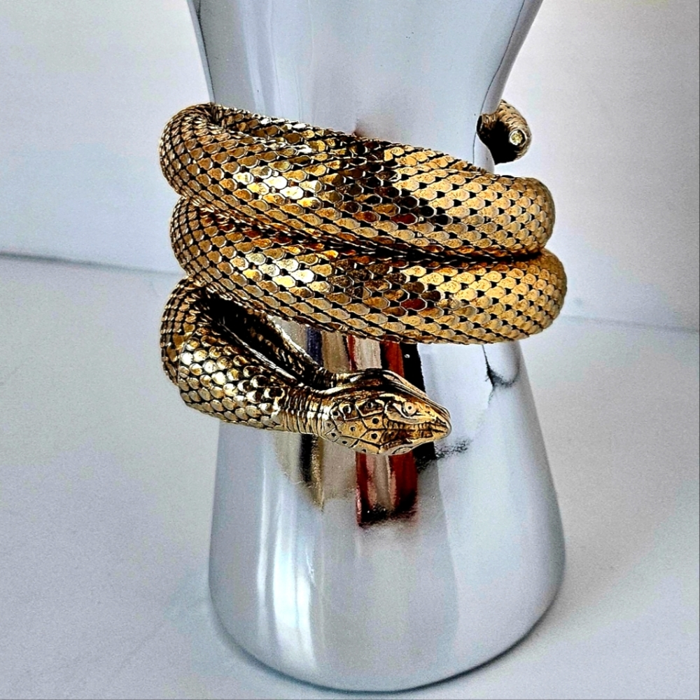 Whiting & Davis Vintage gold plated 3 coil metal snake bracelet cuff